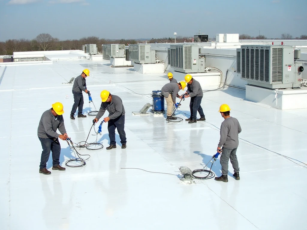 Professional roofers doing work on a commercial building