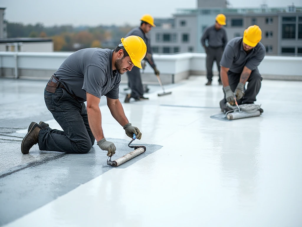 Professional roofers doing Waterproofing on flat roof